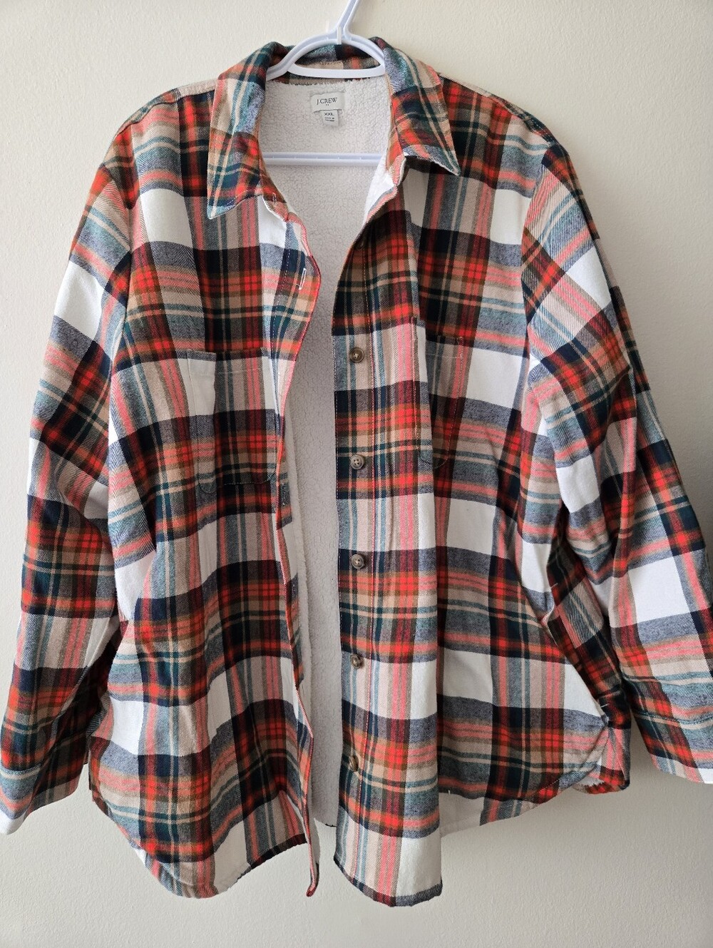 J. Crew XXL Orange & Green Plaid Button-Up Shacket With Teddy Lining
